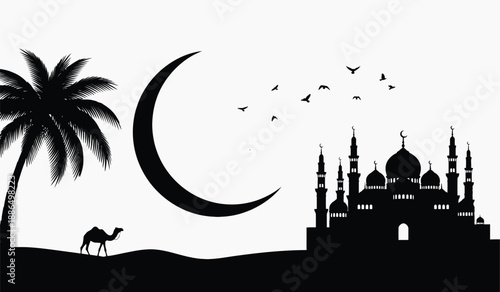 Ramadan scene with crescent moon palm tree mosque camel and birds in silhouette