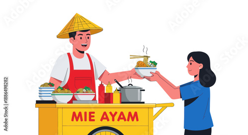 Indonesian Street Food Vendor Serving Mie Ayam Noodles from Yellow Cart.