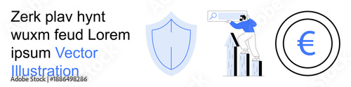 Cybersecurity, online search optimization, currency exchange, financial growth, privacy protection, business progress. Shield icon, person analyzing search bar euro symbol. Cybersecurity and search