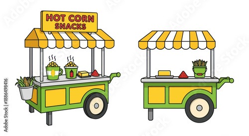 A set of two colorful illustrated street food vendor carts for selling hot corn snacks.