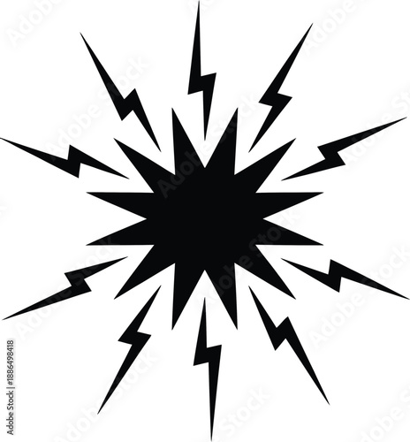 Black starburst explosion with lightning bolts radiating outwards white