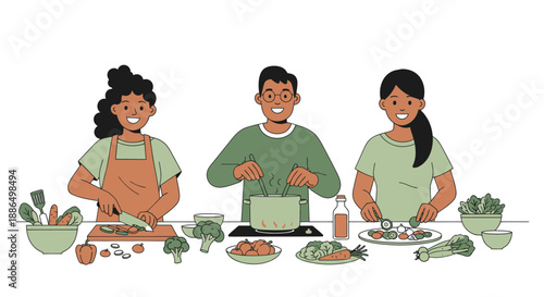Three people cooking together preparing healthy meals with fresh vegetables and ingredients.