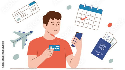 Man planning a trip with phone, credit card, passport, tickets, and calendar