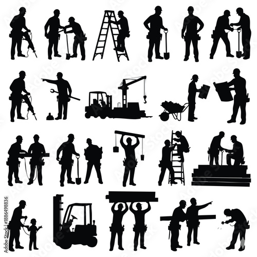 A collection of construction worker silhouettes at work on transparent background