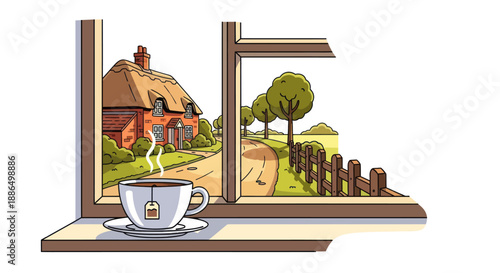 Cup of Tea by the Window Overlooking a Thatched Cottage Landscape.