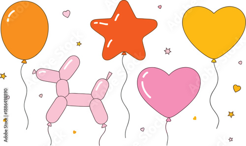 Orange star and heart balloons with pink balloon dog and small hearts yellow