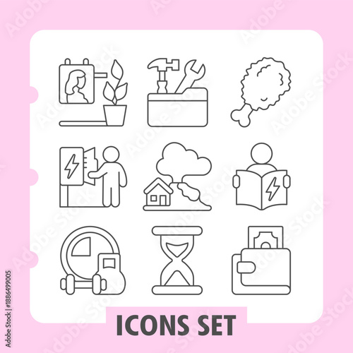 Set of nine thin line icons depicting recycling, brainstorming, home, family, education and travel themes ideal for websites and mobile apps enhancing user experience.
