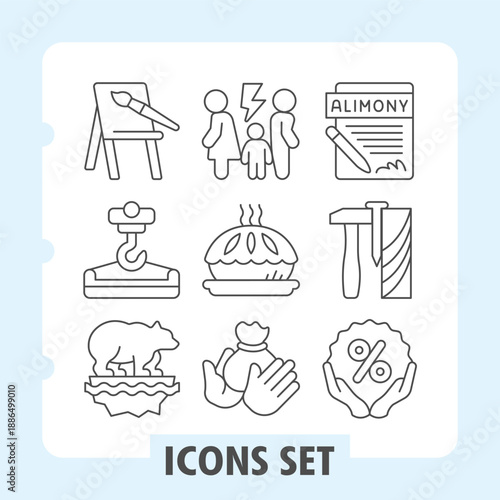 Set of nine clean thin line icons depicting family, law, alimony, savings, mortgage, investment, real estate, budget and dining concepts for web and mobile applications.