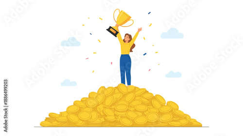 Woman holding trophy on pile of gold coins with confetti and clouds