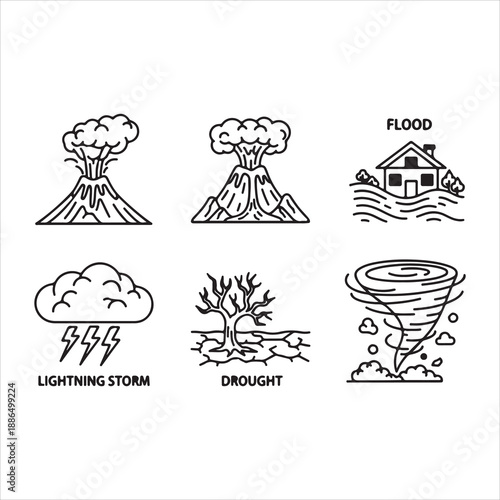 Illustrative depictions of various natural disasters including volcanoes floods and storms