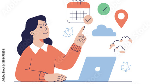 Woman planning and organizing tasks with laptop and calendar icons