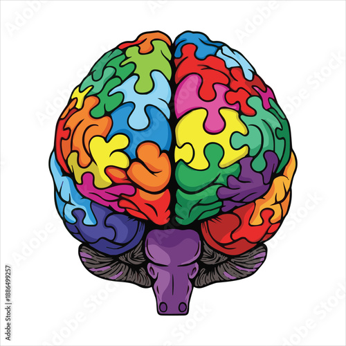A colorful human brain depicted as a jigsaw puzzle symbolizing complexity and wholeness