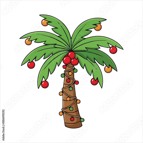 A cheerful palm tree decorated with colorful christmas ornaments and festive lights