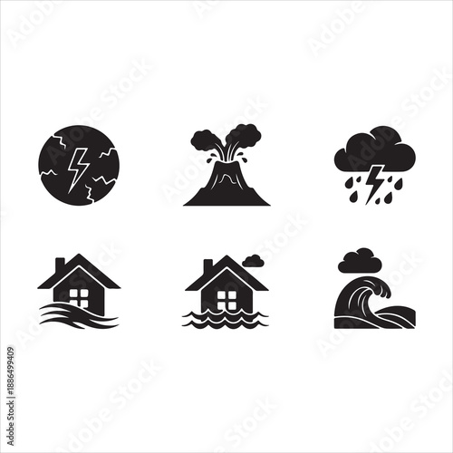 Illustrations of natural disasters including storms volcanic eruptions floods and their impact