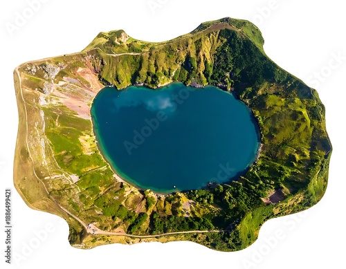 Aerial view of a lake nestled in a volcanic crater, surrounded by lush green vegetation and rocky terrain