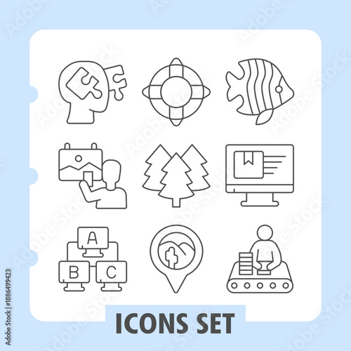 Set of nine thin line icons depicting brainstorming, target, chat, desktop, hierarchy, settings, documents and user profile for web and app interfaces.
