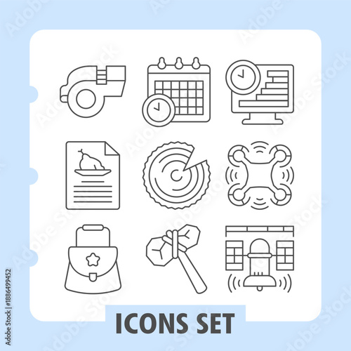 Set of nine thin line icons depicting a clock, calendar, whisle, computer, network, receipt, hammer and home for web or mobile design projects.