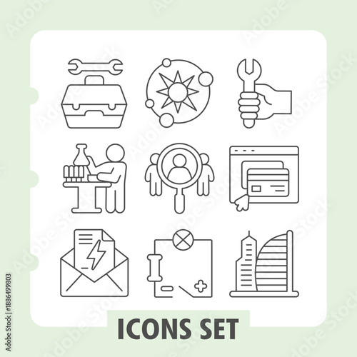Set of nine thin line icons depicting technology, communication and urban concepts ideal for web or mobile interfaces and digital design projects.
