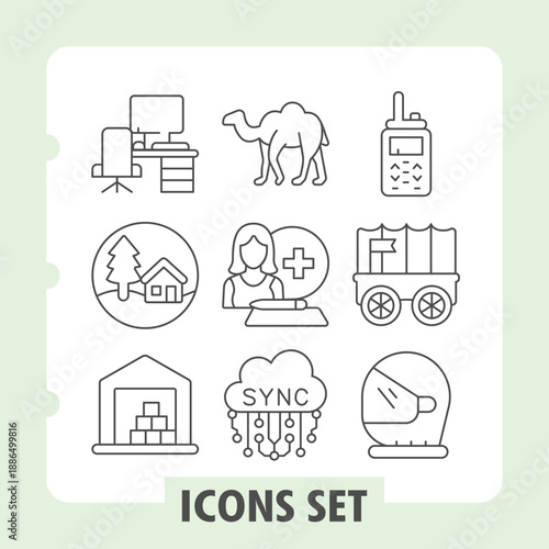 Set of nine thin line icons depicting office, home, health, communication, transport and connectivity for web or mobile UI design use.