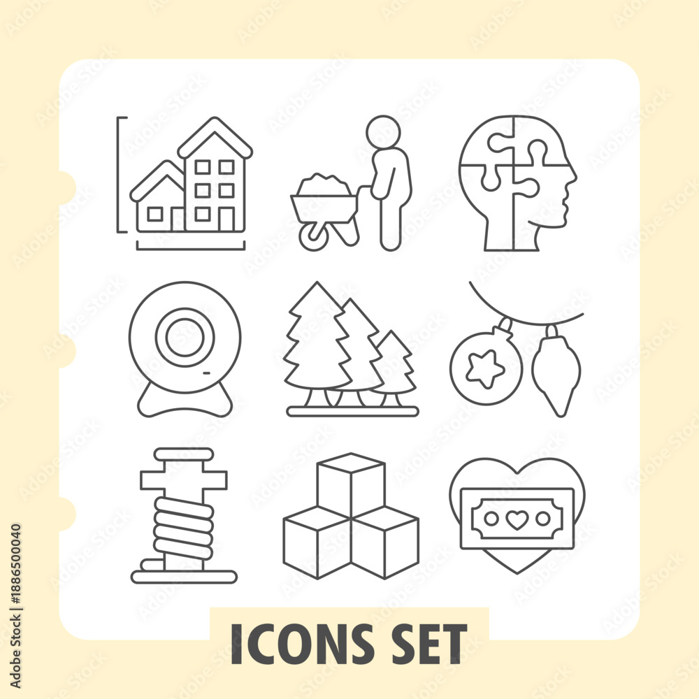 Fototapeta premium Set of nine thin line icons for digital interfaces, including house, family, location, holiday, gift and love themes, ideal for web and mobile design projects.