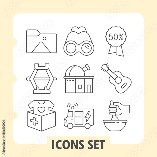 Set of nine thin line icons ideal for web or mobile interfaces, covering security, shopping, savings, travel and essential tools in a clean design style.