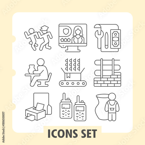 Set of nine thin line icons depicting common activities, devices and tools for web or mobile design projects, enhancing user experience with clarity and style.