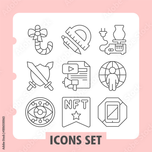 Set of nine thin line icons depicting blockchain, chemistry, location, technology and digital assets. Ideal for web or mobile design, apps, and digital platforms.