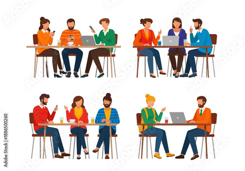 Illustration of diverse people sitting at desks with laptops and tablets in a collaborative workspace setting