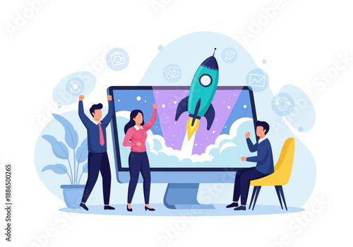 Business team launching a rocket on a computer screen with excitement and innovation