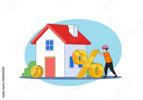 Person pushing large percent sign towards a house with coins nearby on blue background