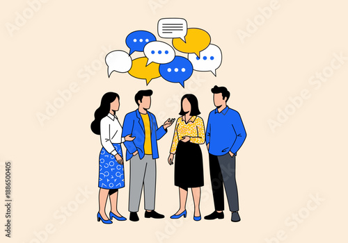Group of people talking and communicating with speech bubbles above them in a friendly conversation
