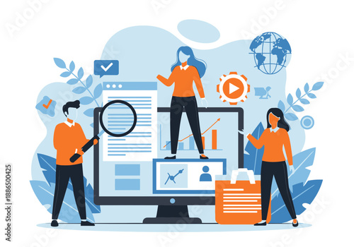 Business people analyzing data on a large computer screen with graphs and charts