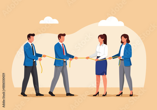 Business people pulling ribbons in a ceremonial event with teamwork and partnership