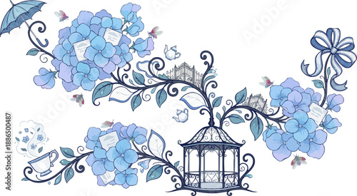 A whimsical illustration of blue hydrangeas, a gazebo, teacups, and an umbrella connected by an intricate vine, with butterflies and small notes.