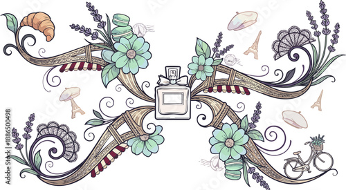 Elegant French-themed illustration with perfume bottle, Eiffel Tower, croissant, lavender, and macarons.