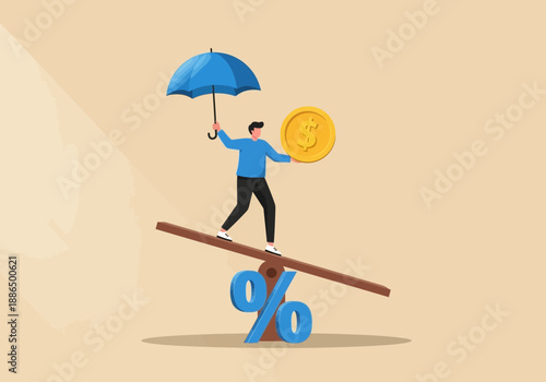 Businessman balancing on seesaw with umbrella and coin on colorful background