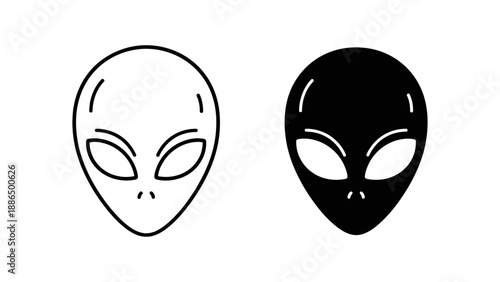 A minimalist vector graphic illustration of two alien heads in black and white