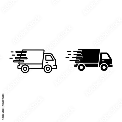 A minimalist vector graphic illustration of two trucks in motion, one white and one black, with motion lines indicating speed.