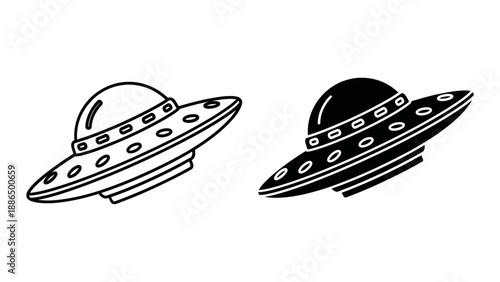 A minimalist vector graphic illustration of two UFOs in black and white