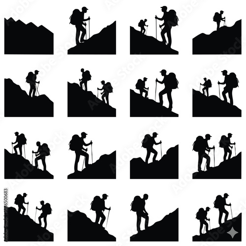 A collection of black silhouettes of hikers climbing mountains on transparent background
