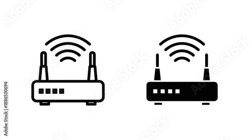 A minimalist vector graphic illustration of two router icons in black and white
