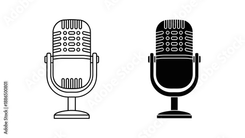 A vector graphic illustration of two vintage microphones in black and white