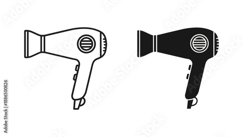 A vector graphic illustration of two hair dryer icons in black and white