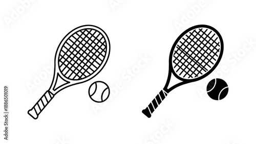 A minimalist vector graphic illustration of two tennis rackets and balls in black and white