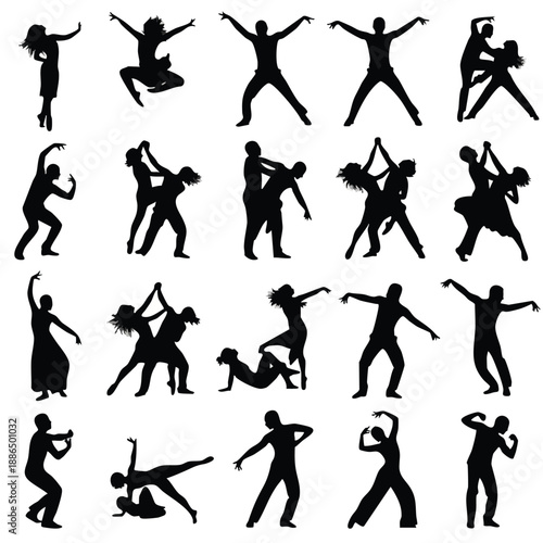 A collection of black silhouettes of people dancing on transparent background
