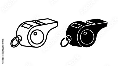 A minimalist vector graphic illustration of two whistles in black and white