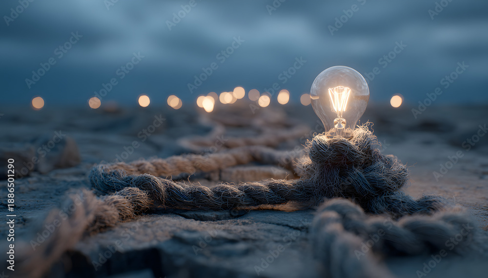 Obraz premium Tangled messy line ball represents complex problem challenge. Winding path connects to shining light bulb. Visualizes process of discovery, creative thinking, problem solving, finding simple solution