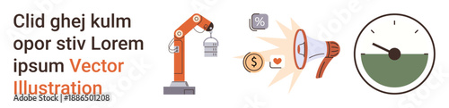 Automation, marketing strategies, economic growth, business management, manufacturing, productivity. A robotic arm, megaphone and meter on white background. Automation and marketing strategies