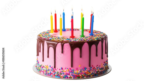 Canvas Print Colorful birthday cake with candles isolated PNG, pink frosting and chocolate dr