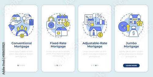 Types of mortgages onboarding mobile app screen. House price. Walkthrough 4 steps editable graphic instructions with linear concepts. UI, UX, GUI. Montserrat SemiBold, Regular fonts used